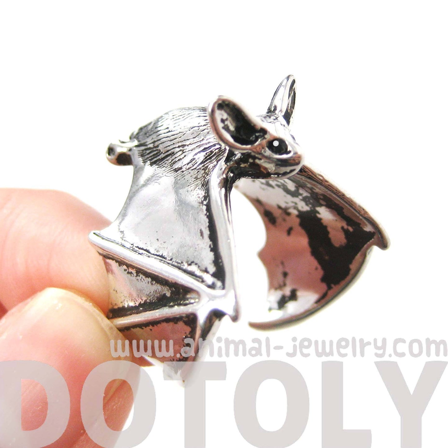 3D Bat Animal Wrap Ring in Shiny Silver: Sizes 5 to 10 Available | Animal Jewelry
