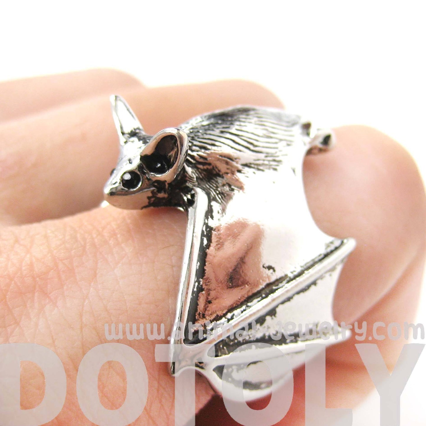 3D Bat Animal Wrap Ring in Shiny Silver: Sizes 5 to 10 Available | Animal Jewelry