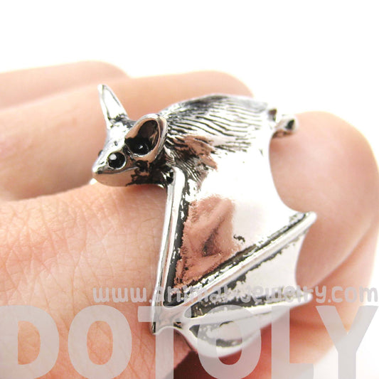 3D Bat Animal Wrap Ring in Shiny Silver: Sizes 5 to 10 Available | Animal Jewelry