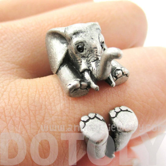3D Realistic Baby Elephant Animal Wrap Around Ring in Silver | US Sizes 5 to 8.5