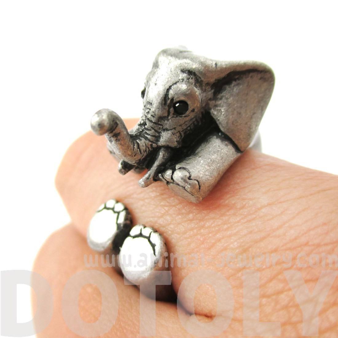 3D Realistic Baby Elephant Animal Wrap Around Ring in Silver | US Sizes 5 to 8.5
