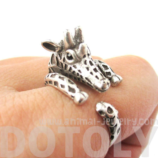 Detailed Giraffe Shaped Spotted Animal Wrap Ring in Silver | US Sizes 4 to 8.5