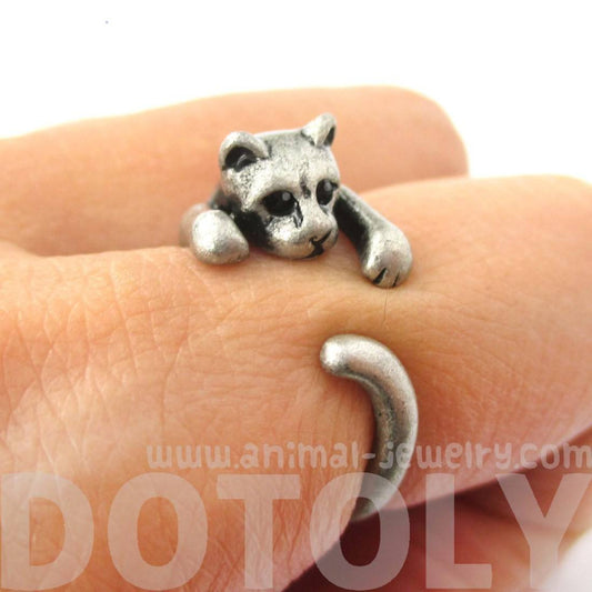 Realistic Kitty Cat Shaped Animal Wrap Around Ring in Silver | US Size 3 to Size 8.5