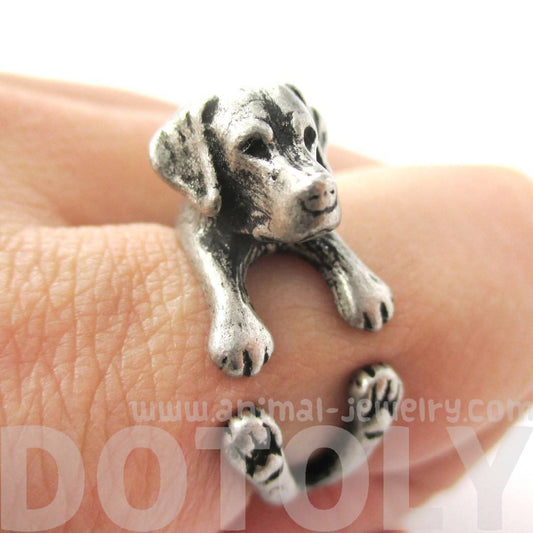 Realistic Labrador Retriever Shaped Animal Wrap Ring in Silver | Sizes 4 to 8.5