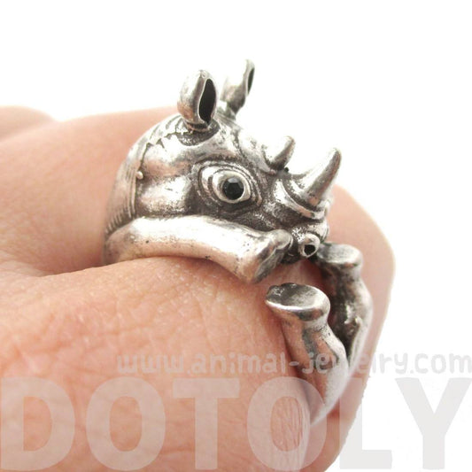 Realistic Rhinoceros Rhino Shaped Animal Wrap Ring in Silver | US Size 6 to 9